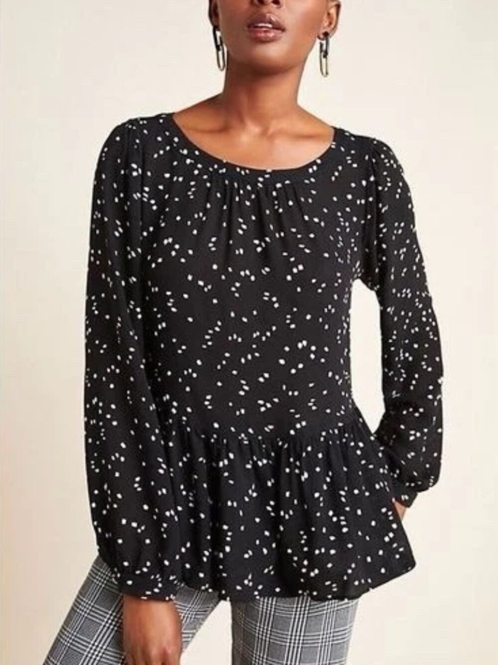 Anthropologie x Meave Cheyenne Polka Dot Long Sleeve Peplum Blouse  - Small